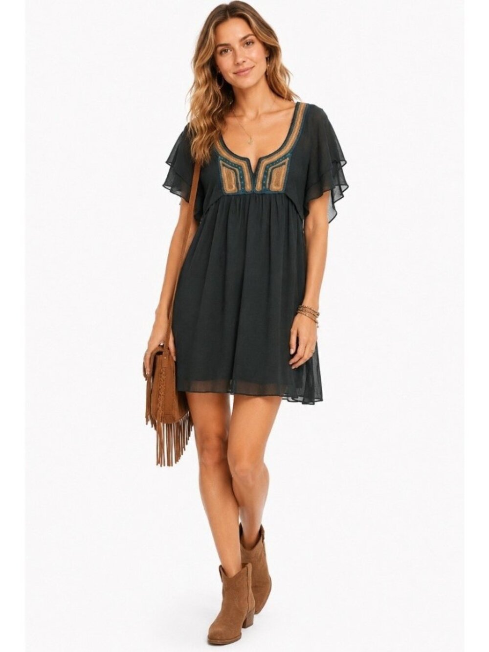 PAUL & JOE Sister Braid Trim Boho Sleeve BABYDOLL Resort MINI Dress 40 (US 10)
